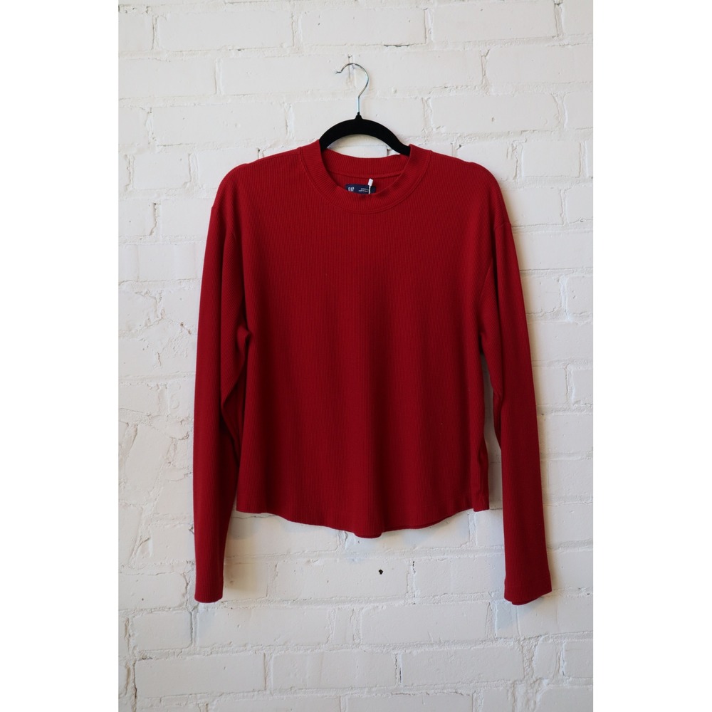 Gap Womens Red Ribbed Thermal Long Sleeve Crew Neck Curved Hem Top Medium